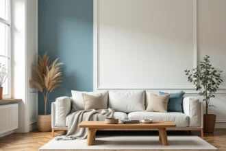 Salon scandinave moderne illustrant la différence entre blanc froid et blanc chaud sur les murs et la décoration intérieure