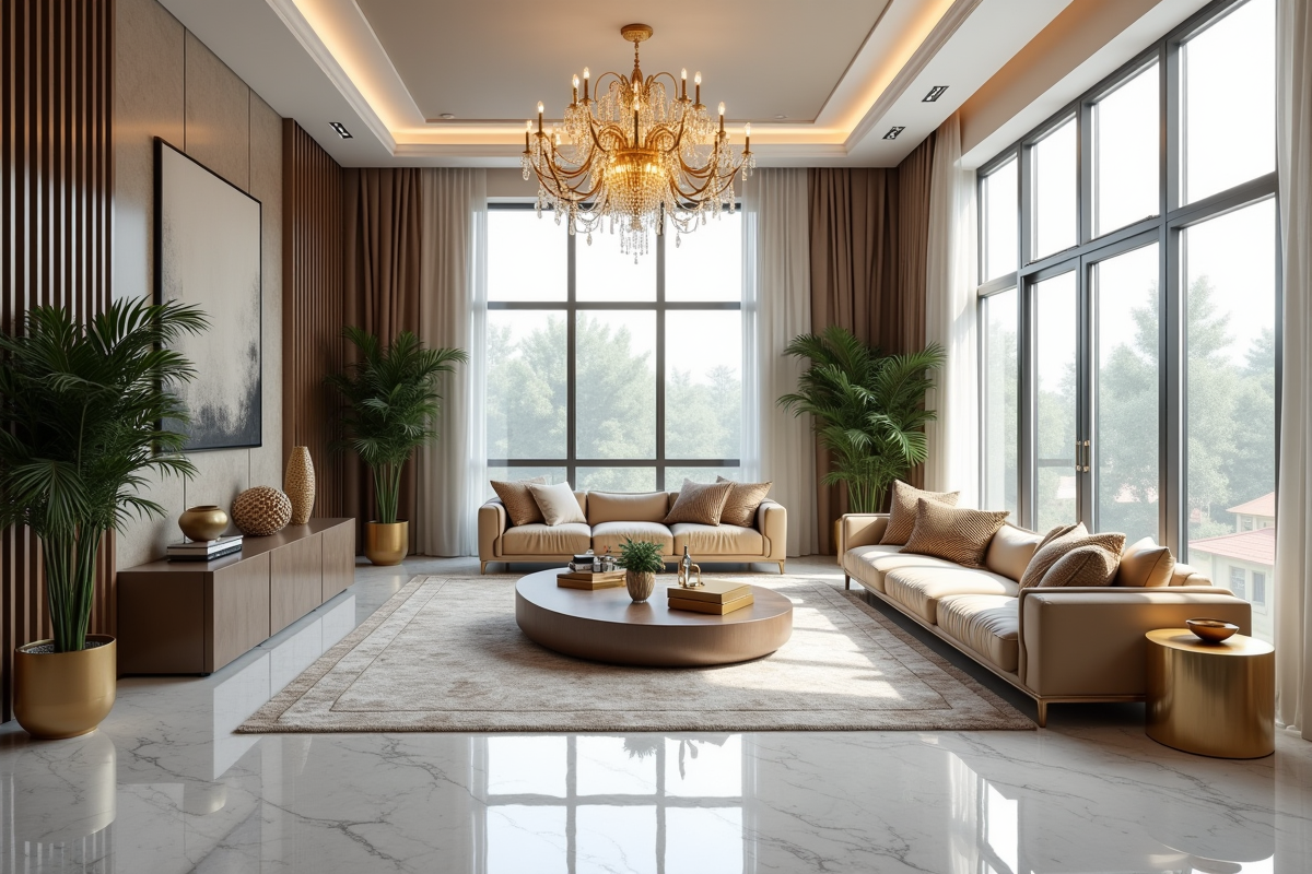 Salon moderne avec marbre et lustre grand chandelier