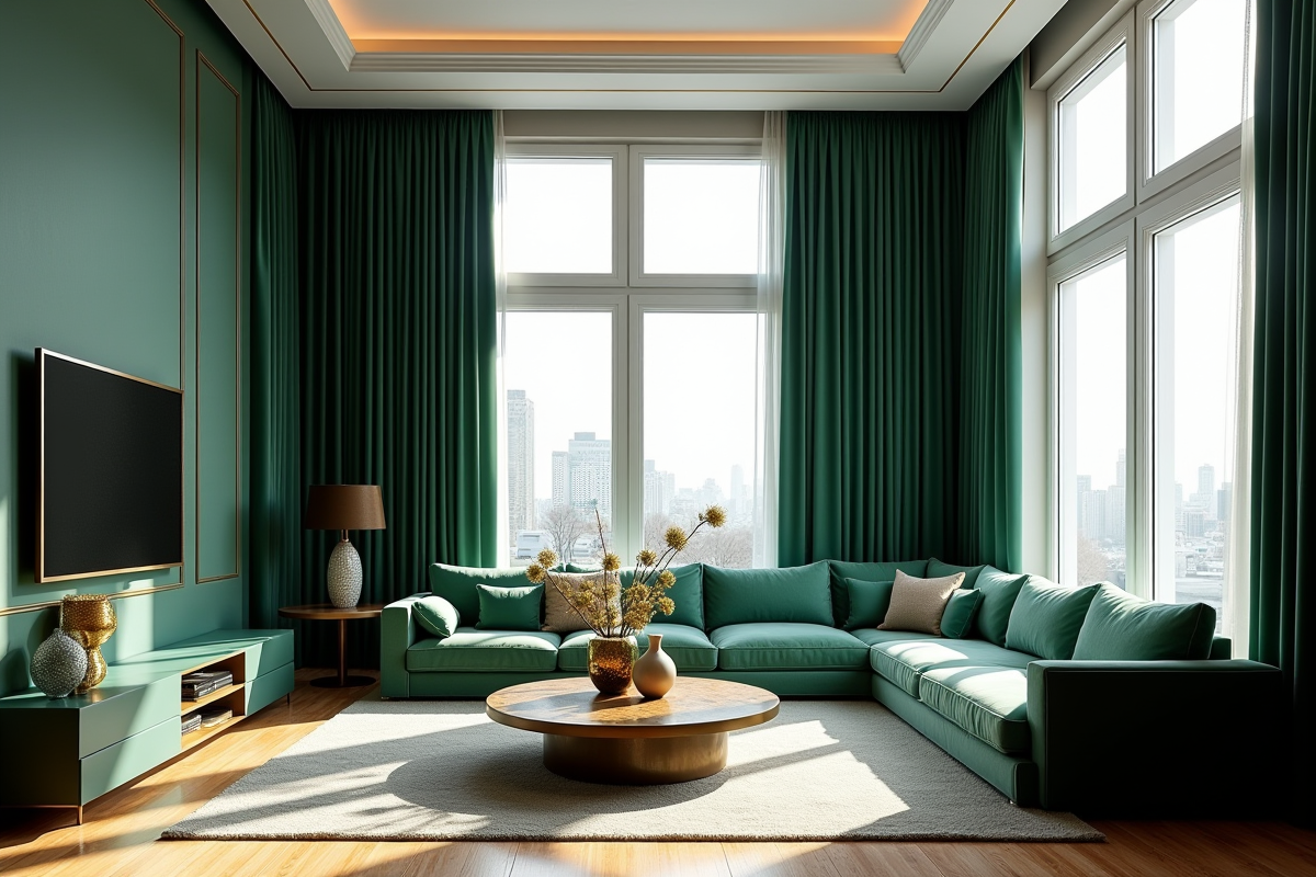 Salon moderne avec rideaux en velours vert foncé et mobilier élégant