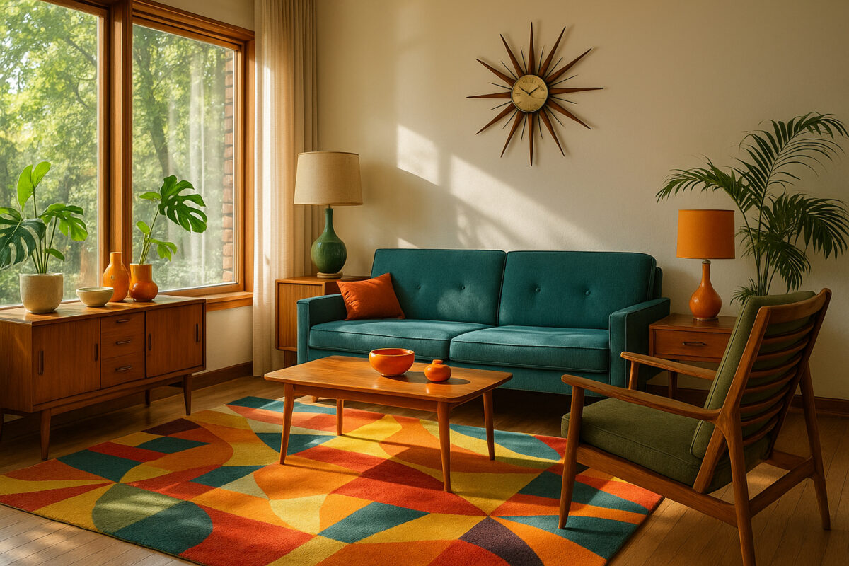 Salon moderne vintage avec mobilier en bois et horloge soleil