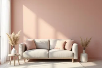 Salon minimaliste avec mur peint en rose poudré et canapé en lin naturel, tendance déco 2026