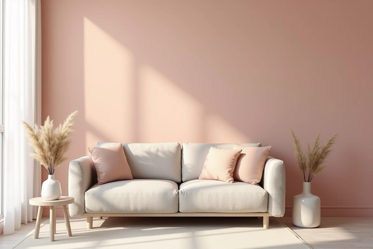 Salon minimaliste avec mur peint en rose poudré et canapé en lin naturel, tendance déco 2026