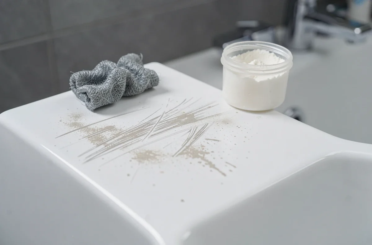 Gros plan sur une surface de baignoire en acrylique rayée et abîmée par des produits nettoyants abrasifs et une paille de fer