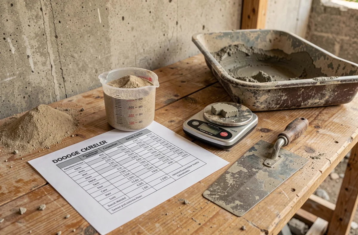 Tableau de dosage pour chape mortier posé sur un établi de chantier avec outils et matériaux de mesure