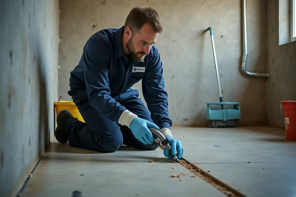 Technicien en désinsectisation traitant les plinthes d'un logement locatif contre une infestation d'asticots