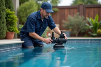 Technicien piscine en uniforme vérifiant le système de filtration