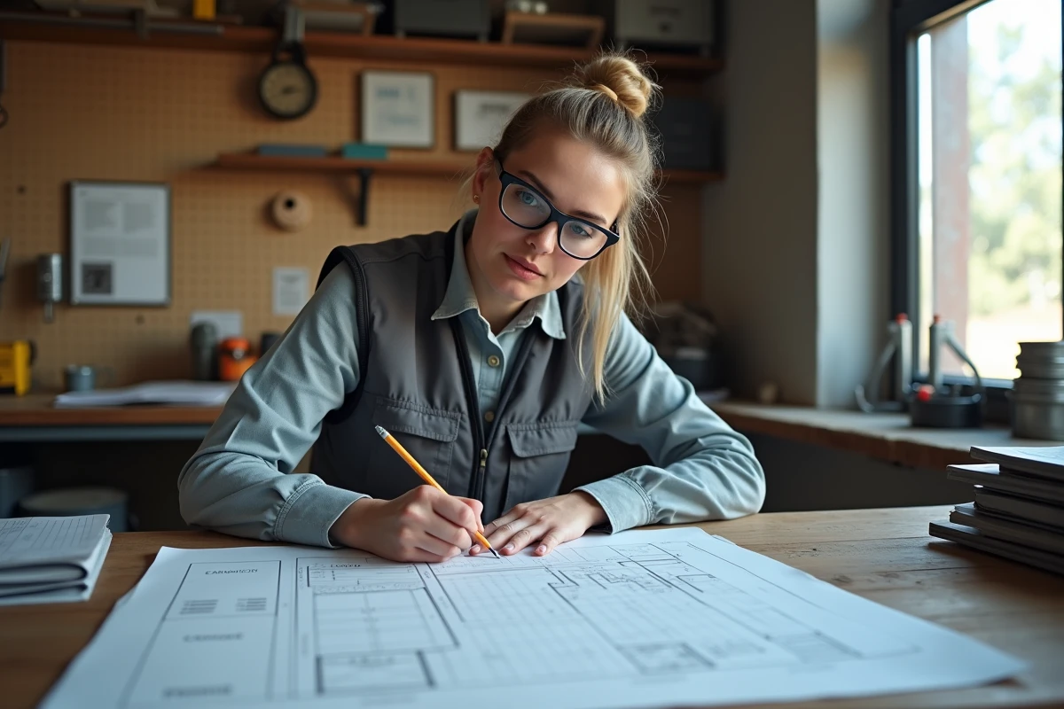 Technicienne en bureau d'études calculant les dimensions d'un IPN pour un mur porteur avec des tables de profilés acier