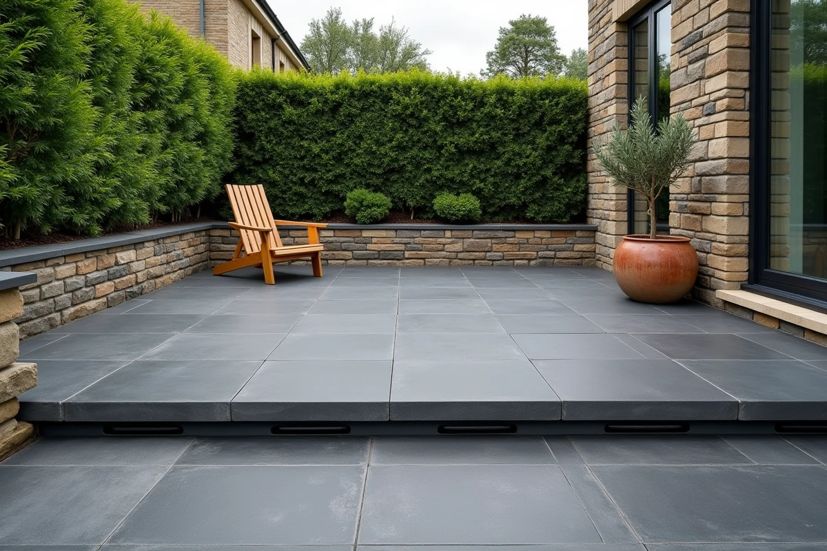 Terrasse surélevée avec carrelage sur plots réglables dans un jardin résidentiel