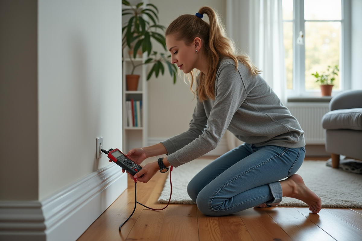 Jeune femme testant une prise électrique avec un multimètre