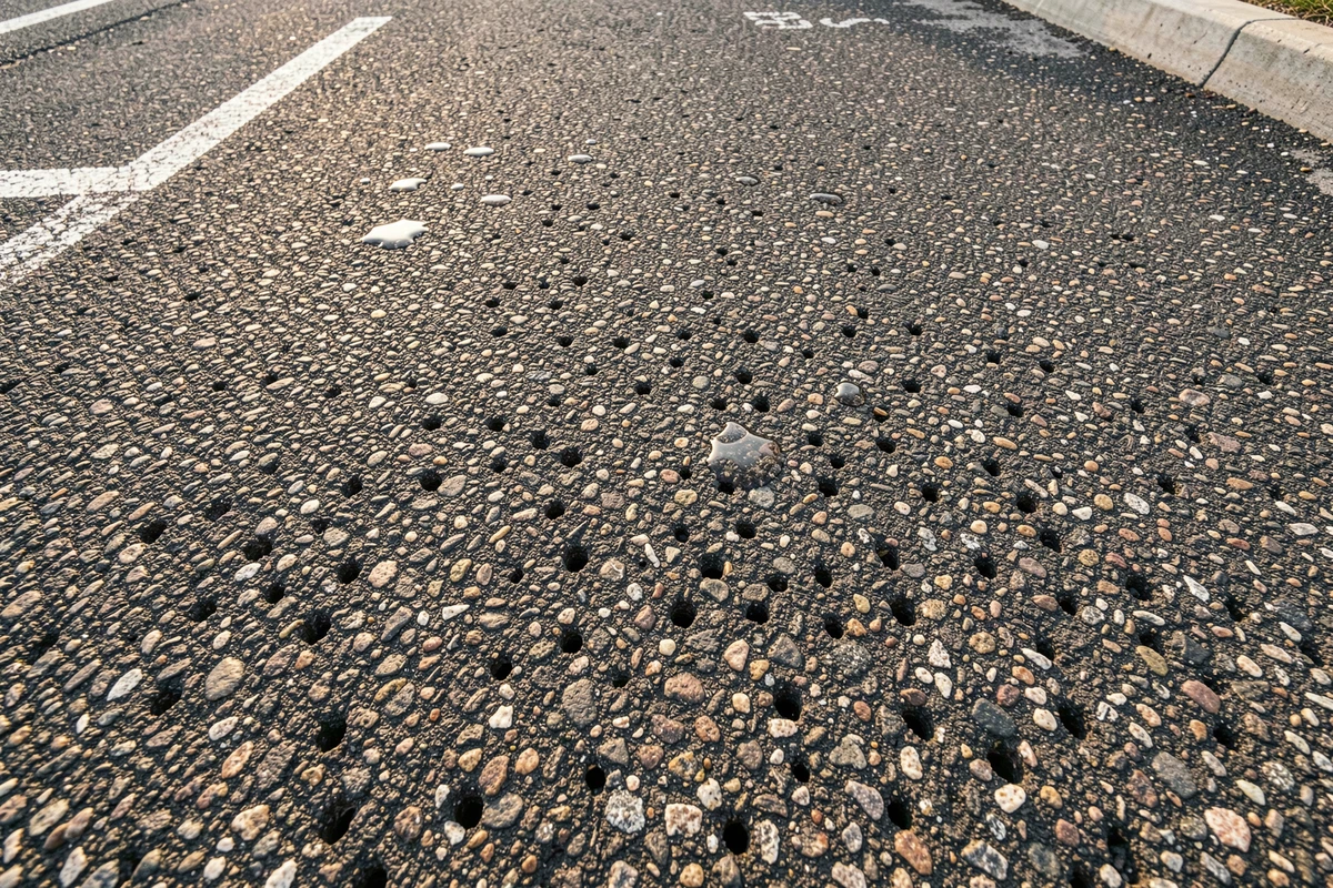 Vue aérienne rapprochée de la texture perméable d'un enrobé drainant en parking