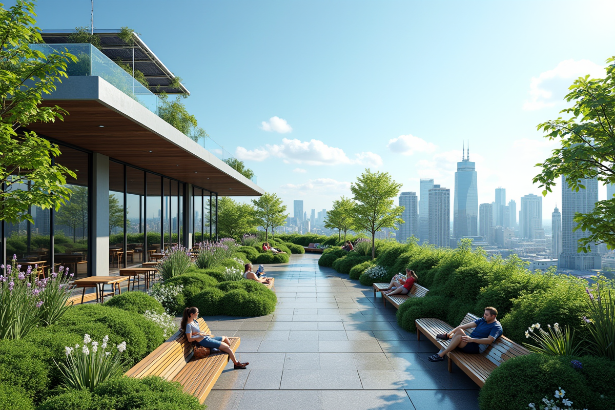 Toit urbain végétal avec plantes et panneaux solaires
