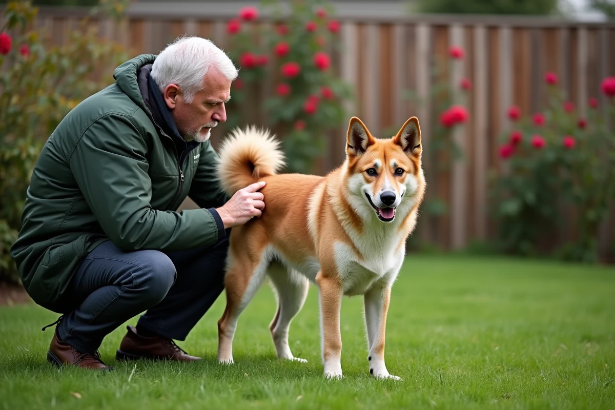 Propriétaire appliquant un traitement antiparasitaire sur son chien dans le jardin pour prévenir les infestations de pupes