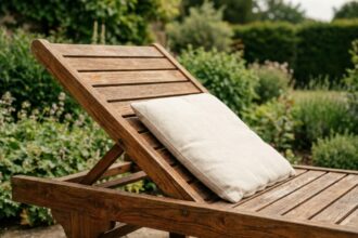 Transat en bois de teck naturel avec coussin crème posé sur une terrasse en pierre dans un jardin verdoyant