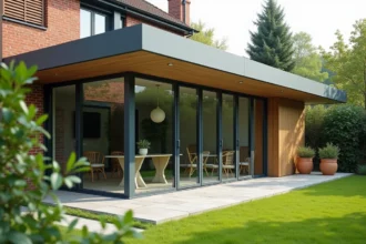 Véranda en aluminium anthracite adossée à une maison de banlieue avec jardin et mobilier intérieur visible