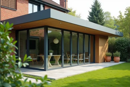 Véranda en aluminium anthracite adossée à une maison de banlieue avec jardin et mobilier intérieur visible