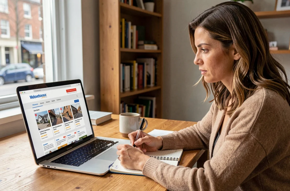 Femme consultant les avis d'artisans sur le site Welovetravaux depuis son bureau à domicile