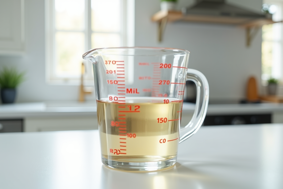Verre mesure de 150 ml sur plan de travail lumineux