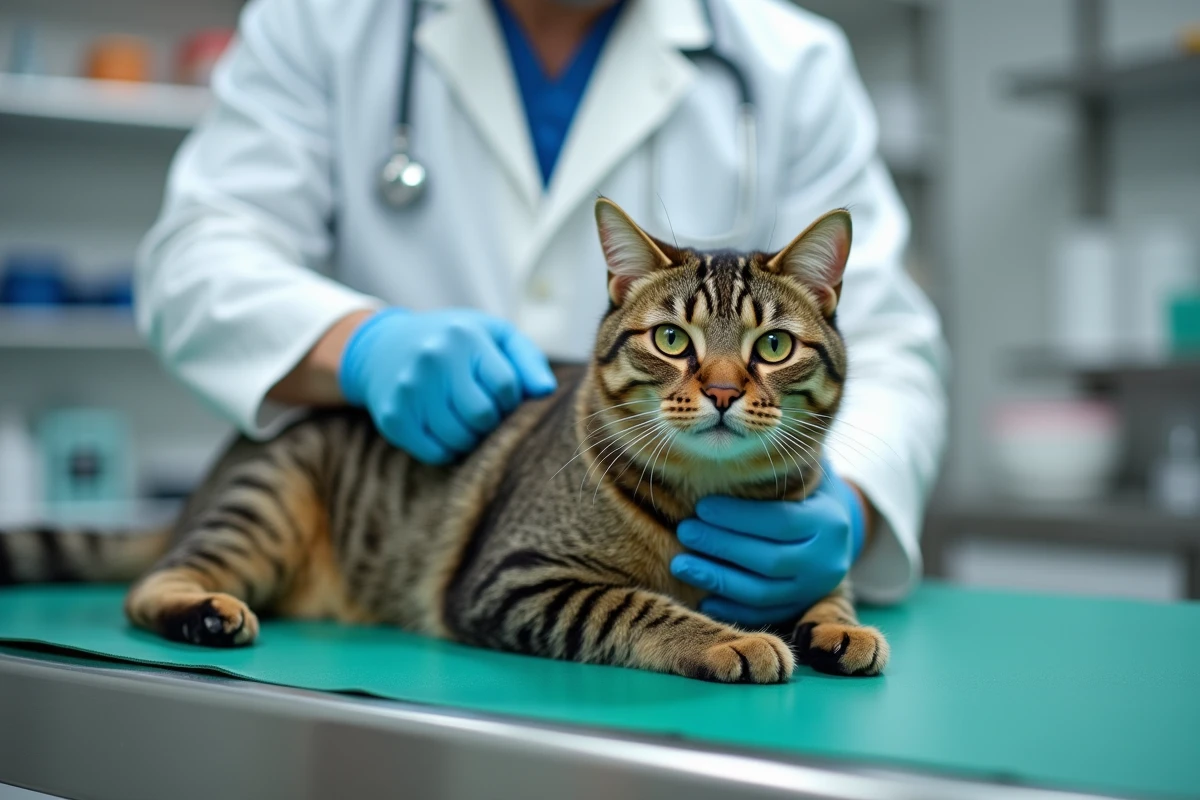 Vétérinaire examinant un chat tigré pour détecter des parasites et pupes de mouches lors d'une consultation