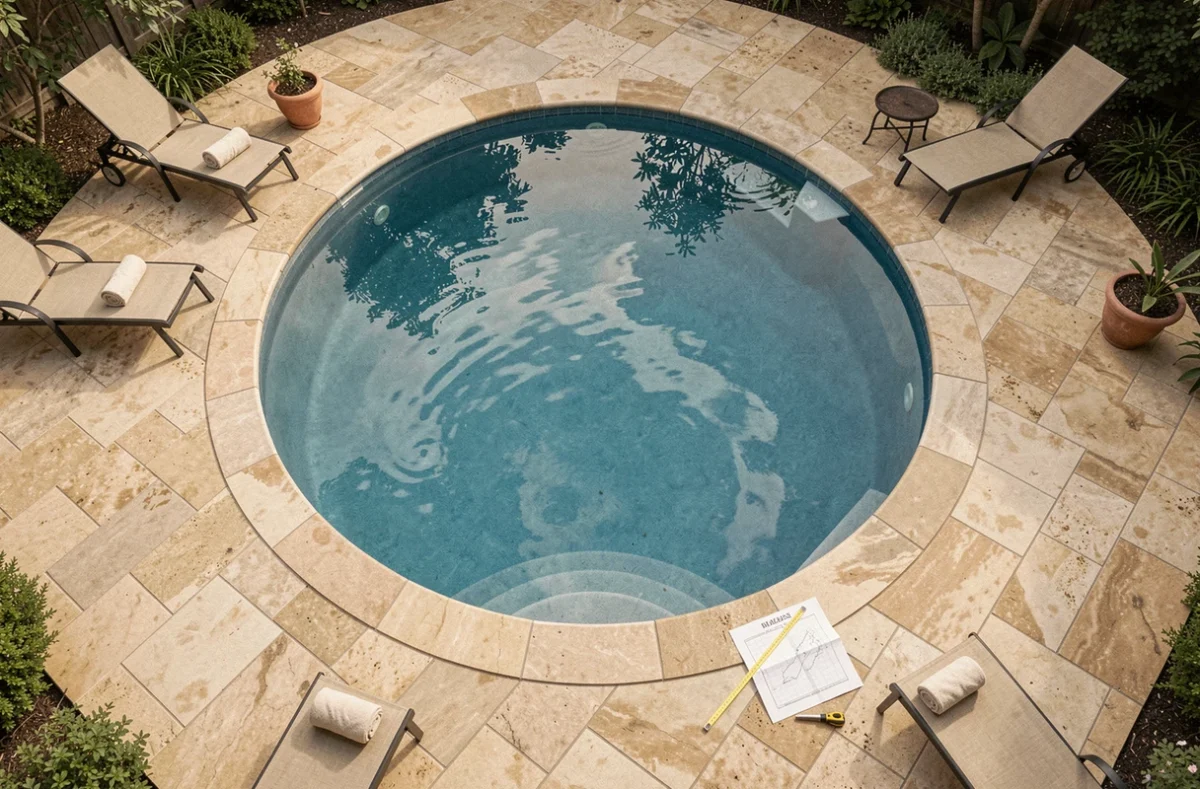Vue aérienne d'une piscine ronde avec mètre ruban et plan pour illustrer le calcul de surface en m²