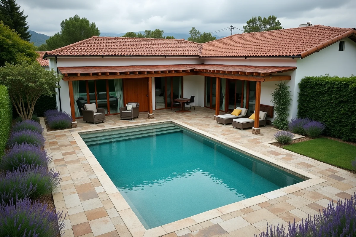 Vue aérienne d'une villa avec piscine privée, jardin paysager et terrasse couverte dans un quartier résidentiel calme, facteurs clés pour la revente immobilière