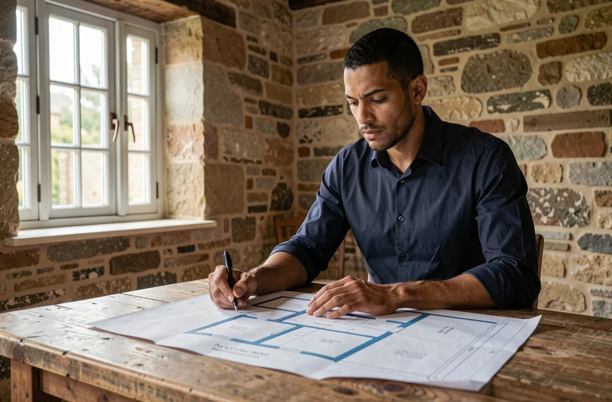 Wahib El Houari, architecte indépendant en Bourgogne-Franche-Comté, étudiant un plan au sol sur une table en bois brut dans une ferme régionale en cours de rénovation