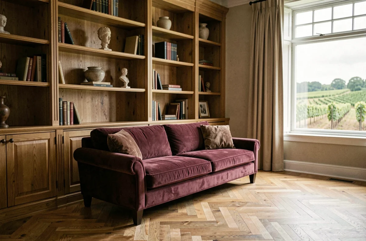 Salon sur mesure en Bourgogne avec bibliothèque en chêne, canapé en velours et parquet à chevrons, réalisé par Ynspir